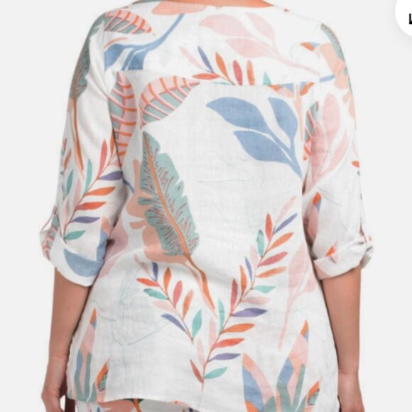 Flowy Lightweight Linen White Tropical Print Tunic Top Blouse | Cynthia Rowley - Picture 2 of 11